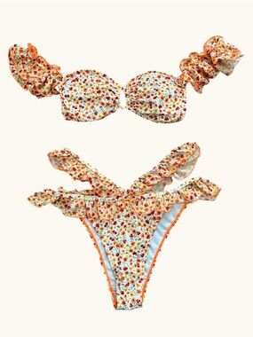 NWOT Floral Off Shoulder Ruffled High Waist Bikini Set in Orange, White and Red